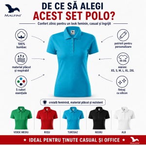 Set 5 Tricouri Polo Damă Malfini, 100% Bumbac – Alb, Negru, Verde, Roșu, Turcoaz - Img 2