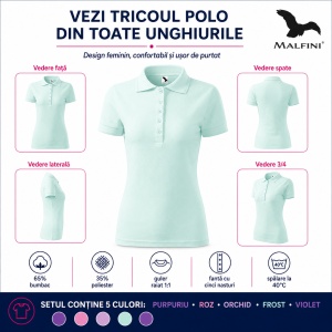 Set 5 Tricouri Polo Damă Malfini 210, Pique – Purpuriu, Roz, Orchid, Frost și Violet - Img 9