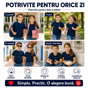Set 7 Tricouri Copii din Bumbac 100% – Mânecă Scurtă, 33 Nuanțe, Fete și Băieți - Img 9