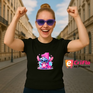 Tricou Alfabet Cifra 1 cu Lilo si Stitch albastru, veselie mare, Negru, Unisex Dama si Barbat | Copii - Img 6