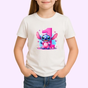 Tricou Alfabet Cifra 1 cu Stitch Roz fericit, explozie de culori, Alb, Unisex Dama si Barbat | Copii - Img 2