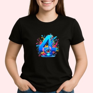 Tricou Alfabet Cifra 4 cu Lilo si Stitch albastru, veselie mare, Negru, Unisex Dama si Barbat | Copii