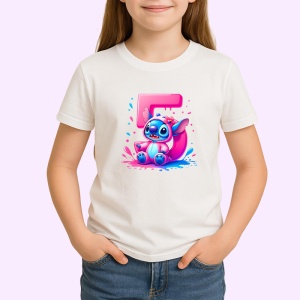 Tricou Alfabet CIfra 5 cu Stitch Roz fericit, explozie de culori, Alb, Unisex Dama si Barbat | Copii - Img 2