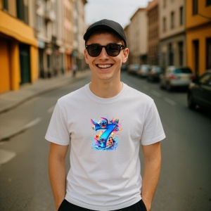 Tricou Alfabet Cifra 7 cu Lilo si Stitch albastru, veselie mare, Alb, Unisex Dama si Barbat | Copii - Img 5