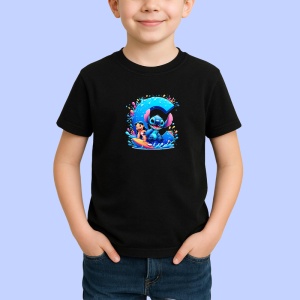 Tricou Alfabet Litera C cu Lilo si Stitch albastru, veselie mare, Mare, Negru, Unisex Dama si Barbat | Copii