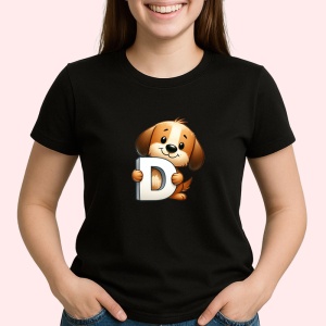 Tricou Alfabet Litera D cu animal Dog Caine, Negru, Unisex Dama si Barbat | Copii