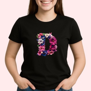 Tricou Alfabet Litera D cu flori, margarete, flori colorate, Negru, Unisex Dama si Barbat | Copii