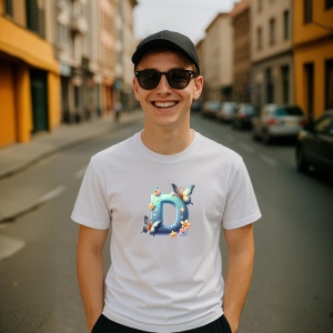 Tricou Alfabet Litera D cu fluturi colorati, stele aurii, flori colorate, Alb, Unisex Dama si Barbat | Copii - Img 4