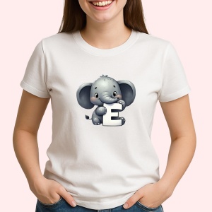 Tricou Alfabet Litera E cu animal Elephant Elefant , Alb, Unisex Dama si Barbat | Copii - Img 2
