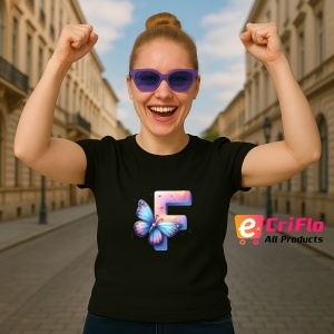 Tricou Alfabet Litera F cu fluturi colorati, stele aurii, flori colorate, Negru, Unisex Dama si Barbat | Copii - Img 3