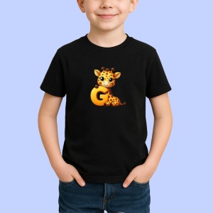 Tricou Alfabet Litera G cu animal Giraffe Girafa, Negru, Unisex Dama si Barbat | Copii - Img 2