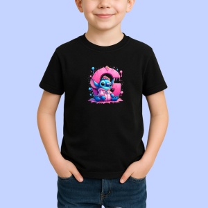 Tricou Alfabet Litera G cu Stitch Roz fericit, explozie de culori, Negru, Unisex Dama si Barbat | Copii - Img 2