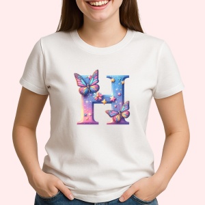 Tricou Alfabet Litera H cu fluturi colorati, stele aurii, flori colorate, Alb, Unisex Dama si Barbat | Copii