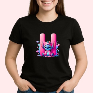 Tricou Alfabet Litera H cu Stitch Roz fericit, explozie de culori, Negru, Unisex Dama si Barbat | Copii