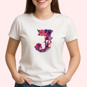 Tricou Alfabet Litera J cu flori, margarete, flori colorate, Alb, Unisex Dama si Barbat | Copii