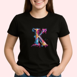 Tricou Alfabet Litera K cu graffiti, design exploziv, arta urbana, Negru, Unisex Dama si Barbat | Copii