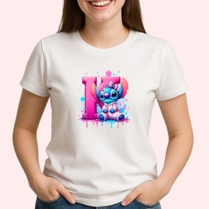 Tricou Alfabet Litera K cu Stitch Roz fericit, explozie de culori, Alb, Unisex Dama si Barbat | Copii