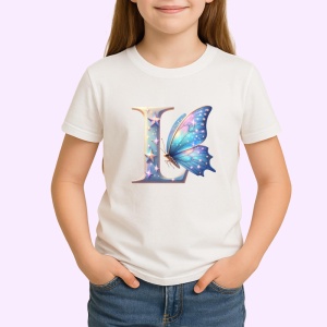 Tricou Alfabet Litera L cu fluturi colorati, stele aurii, flori colorate, Alb, Unisex Dama si Barbat | Copii