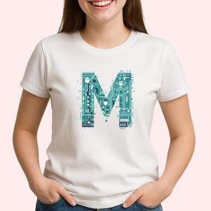 Tricou Alfabet Litera M cu circuite, cyber, tehnologie, Alb, Unisex Dama si Barbat | Copii