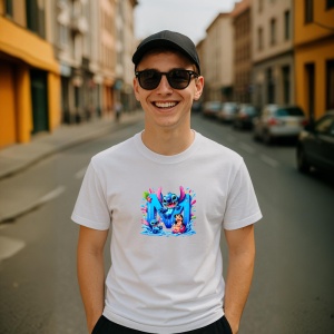 Tricou Alfabet Litera M cu Lilo si Stitch albastru, veselie mare, Alb, Unisex Dama si Barbat | Copii - Img 4