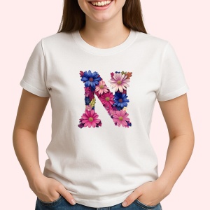 Tricou Alfabet Litera N cu flori, margarete, flori colorate, Alb, Unisex Dama si Barbat | Copii