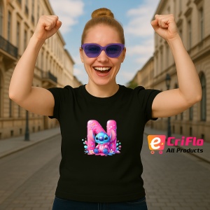 Tricou Alfabet Litera N cu Stitch Roz fericit, explozie de culori, Negru, Unisex Dama si Barbat | Copii - Img 3