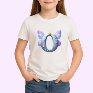 Tricou Alfabet Litera O cu fluturi colorati, stele aurii, flori colorate, Alb, Unisex Dama si Barbat | Copii - Img 2