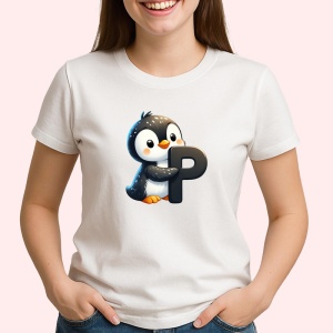 Tricou Alfabet Litera P cu animal Penguin Pinguin , Alb, Unisex Dama si Barbat | Copii - Img 2