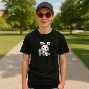 Tricou Alfabet Litera R cu animal Rabbit Iepure, Negru, Unisex Dama si Barbat | Copii - Img 4