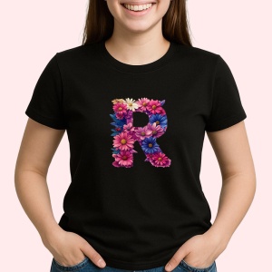 Tricou Alfabet Litera R cu flori, margarete, flori colorate, Negru, Unisex Dama si Barbat | Copii