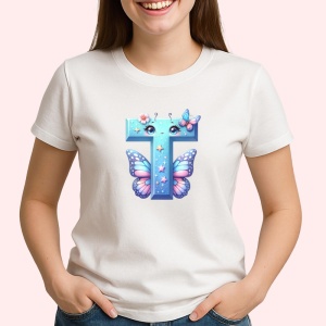 Tricou Alfabet Litera T cu fluturi colorati, stele aurii, flori colorate, Alb, Unisex Dama si Barbat | Copii