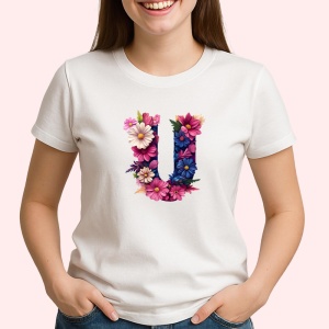 Tricou Alfabet Litera U cu flori, margarete, flori colorate, Alb, Unisex Dama si Barbat | Copii