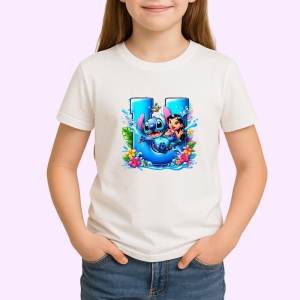 Tricou Alfabet Litera U cu Lilo si Stitch albastru, veselie mare, Alb, Unisex Dama si Barbat | Copii - Img 2