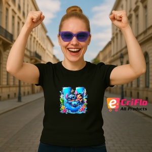 Tricou Alfabet Litera U cu Lilo si Stitch albastru, veselie mare, Mare, Negru, Unisex Dama si Barbat | Copii - Img 6