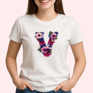 Tricou Alfabet Litera V cu flori, margarete, flori colorate, Alb, Unisex Dama si Barbat | Copii