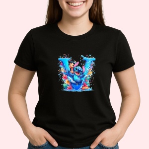 Tricou Alfabet Litera V cu Lilo si Stitch albastru, veselie mare, Mare, Negru, Unisex Dama si Barbat | Copii - Img 2
