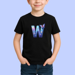 Tricou Alfabet Litera W cu fluturi colorati, stele aurii, flori colorate, Negru, Unisex Dama si Barbat | Copii - Img 2