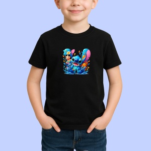 Tricou Alfabet Litera W cu Lilo si Stitch albastru, veselie mare, Mare, Negru, Unisex Dama si Barbat | Copii