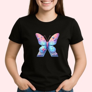 Tricou Alfabet Litera X cu fluturi colorati, stele aurii, flori colorate, Negru, Unisex Dama si Barbat | Copii - Img 1