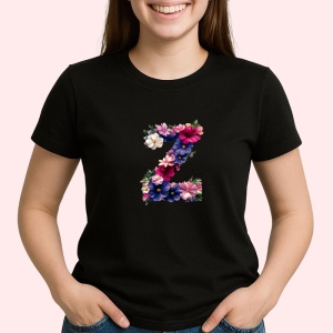Tricou Alfabet Litera Z cu flori, margarete, flori colorate, Negru, Unisex Dama si Barbat | Copii