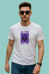 Tricou Aliens Arent Real Portret Extraterestru Mov, din bumbac 100% , tricou alb pentru Copii | Dama | Barbat