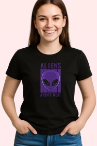 Tricou Aliens Arent Real Portret Extraterestru Mov, din bumbac 100%, tricou negru Copii | Dama | Barbat - Img 3