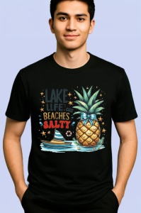 Tricou Ananas cu palmier si barca text lake life beaches salty Copii | Dama | Barbat, negru - Img 2