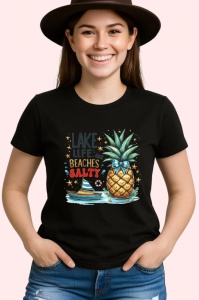 Tricou Ananas cu palmier si barca text lake life beaches salty Copii | Dama | Barbat, negru - Img 4