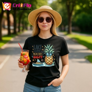 Tricou Ananas cu palmier si barca text lake life beaches salty Copii | Dama | Barbat, negru