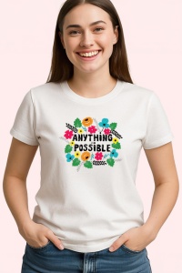 Tricou Anything Is Possible Design Floral Verde, din bumbac 100% , tricou alb pentru Copii | Dama | Barbat