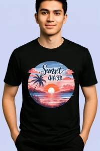 Tricou Apus cu palmieri text sunset chaser atmosfera romantica de vacanta Copii | Dama | Barbat, negru - Img 2