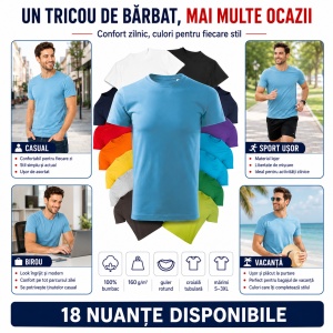 Tricou Bărbat Basic Free, 100% Bumbac, Guler Rotund, Croială Tubulară, S–3XL, 18 Culori - Img 5