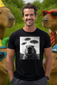 Tricou Barbat CapyBara - selfie cu UFO alb negru - Img 4