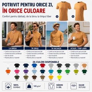 Tricou Bărbat Classic Basic New, 100% Bumbac, 145 g/m², Guler Rotund, 26 Culori, Mărimi S–3XL - Img 7